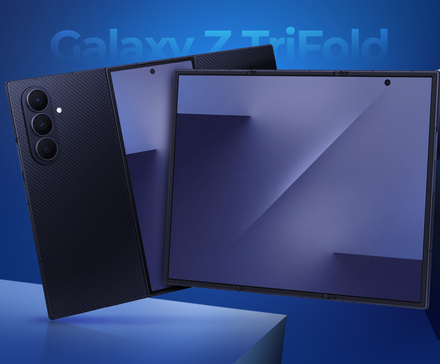 An unfolded Samsung Galaxy Z TriFold with a large blue screen and triple rear cameras