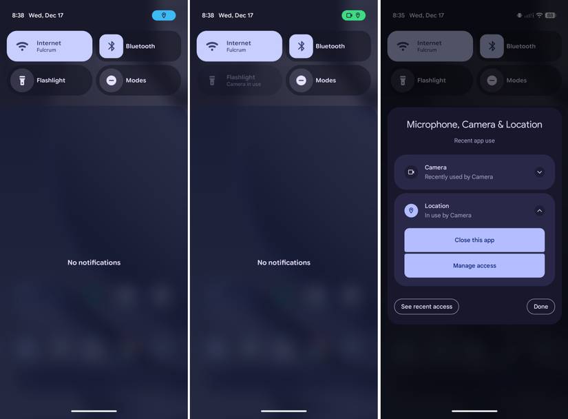 Schermate che evidenziano il nuovo chip blu della barra di stato della posizione di Android.