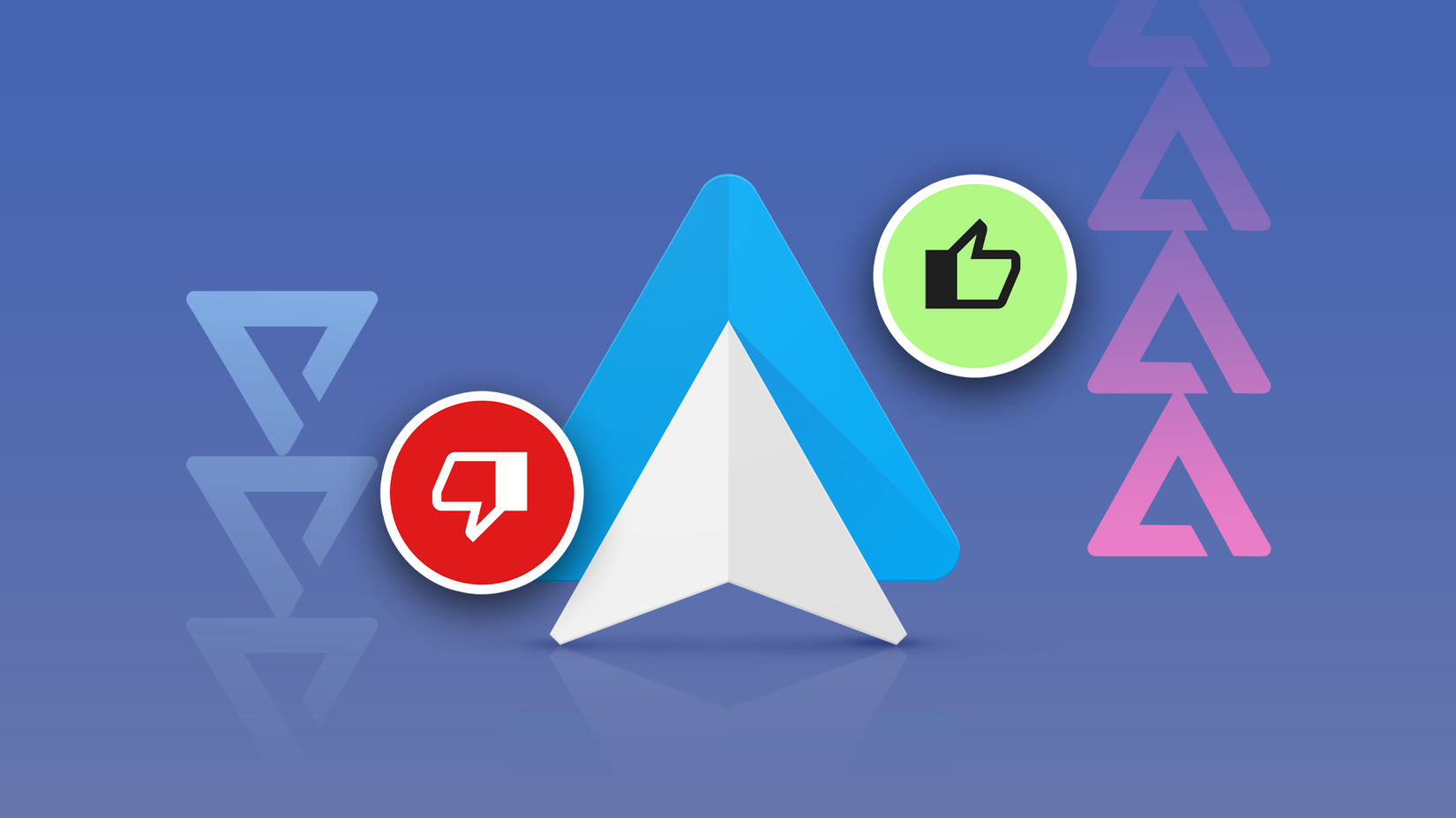 Logotipo do Android Auto flanqueado por ícones de polegar para cima e polegar para baixo.