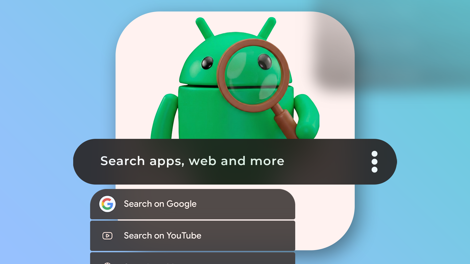 Android robot holding a magnifying glass behind a dark search bar
