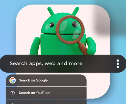 Android robot holding a magnifying glass behind a dark search bar