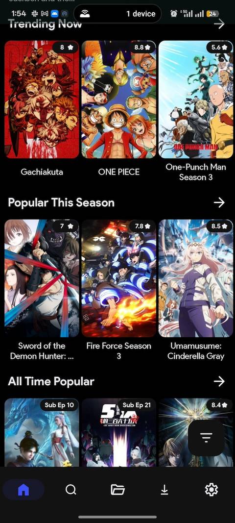 Menu che mostra diverse serie di anime e film sull'app CloudStream