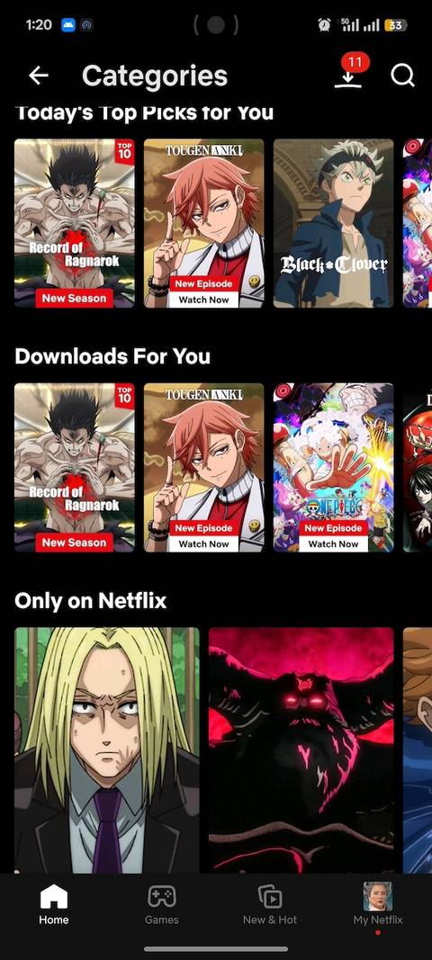 Menu Categorie sull'app Netflix che mostra diverse serie di anime