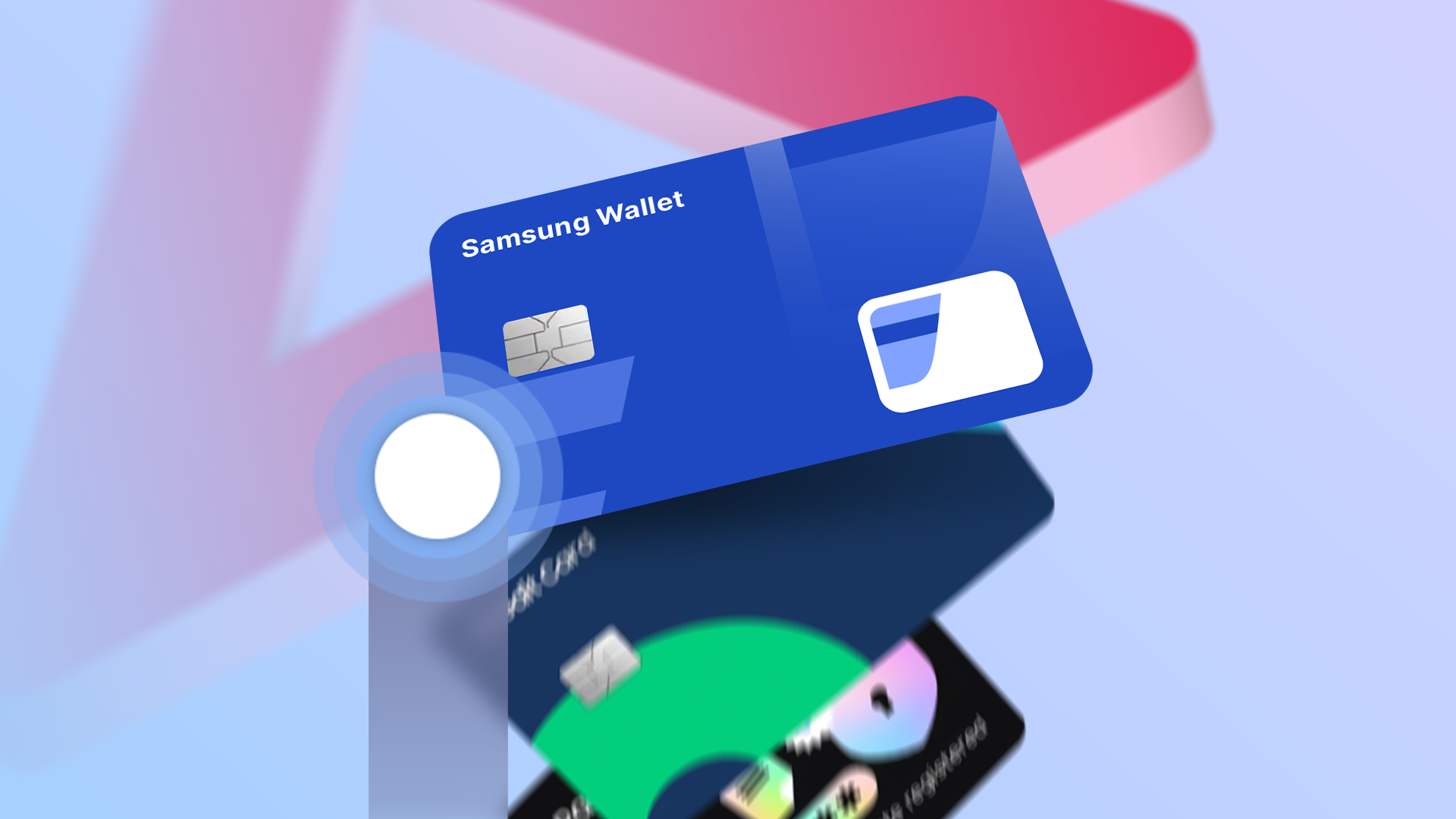 Μπλε κάρτα πορτοφολιού Samsung στο επάνω μέρος μιας ψηφιακής στοίβας, με ένδειξη αφής που αντιπροσωπεύει τη χειρονομία ολίσθησης προς τα επάνω.