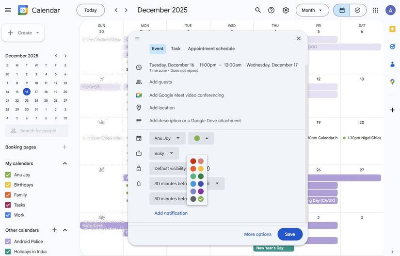 Captura de tela mostrando como codificar por cores no Google Agenda