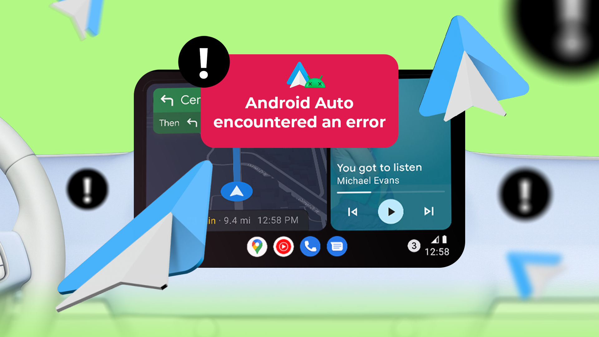 Cruscotto dell'auto che mostra Android Auto con un messaggio di errore, circondato da icone di avviso.