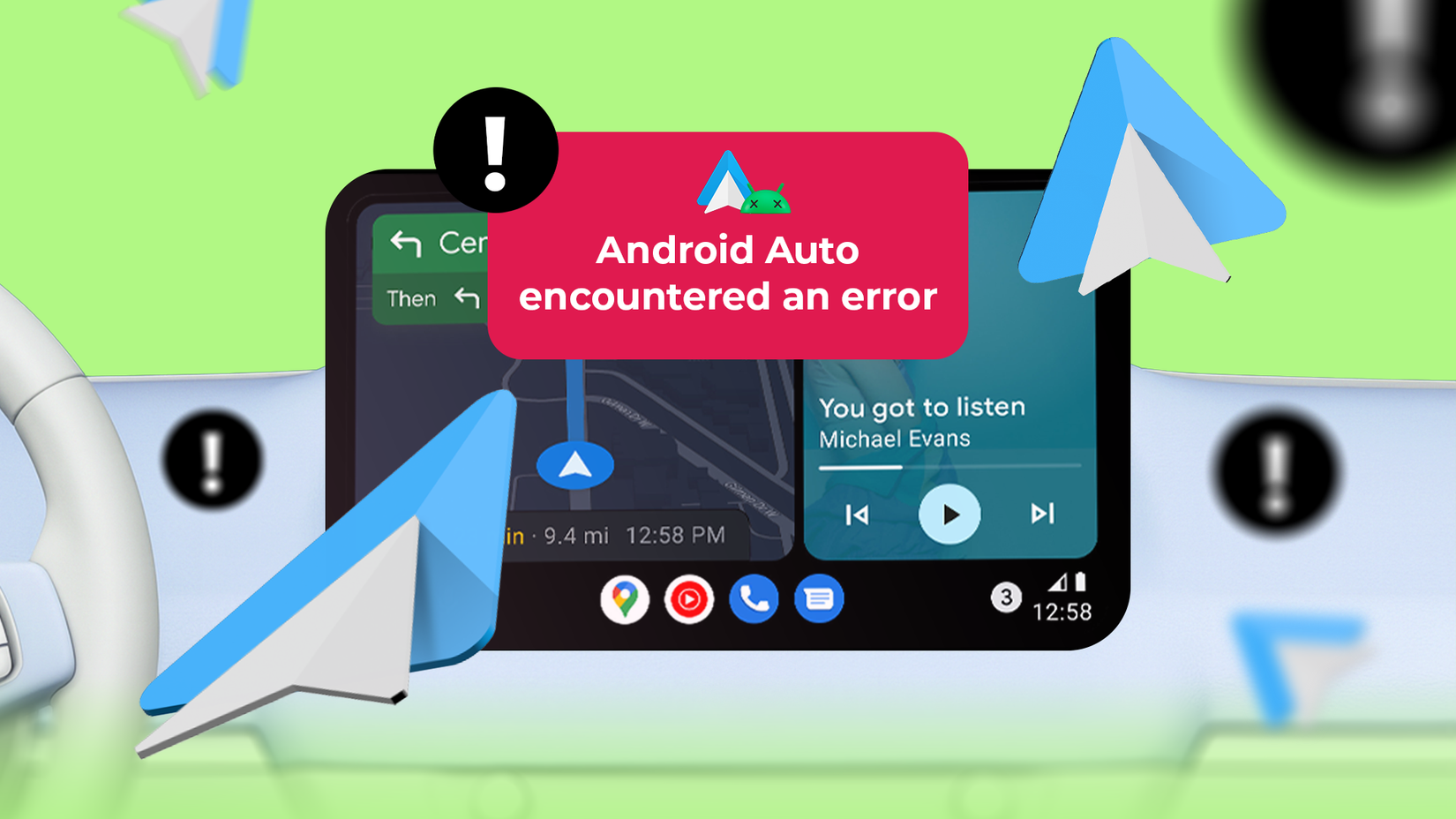 Painel do carro mostrando o Android Auto com uma mensagem de erro cercada por ícones de aviso.