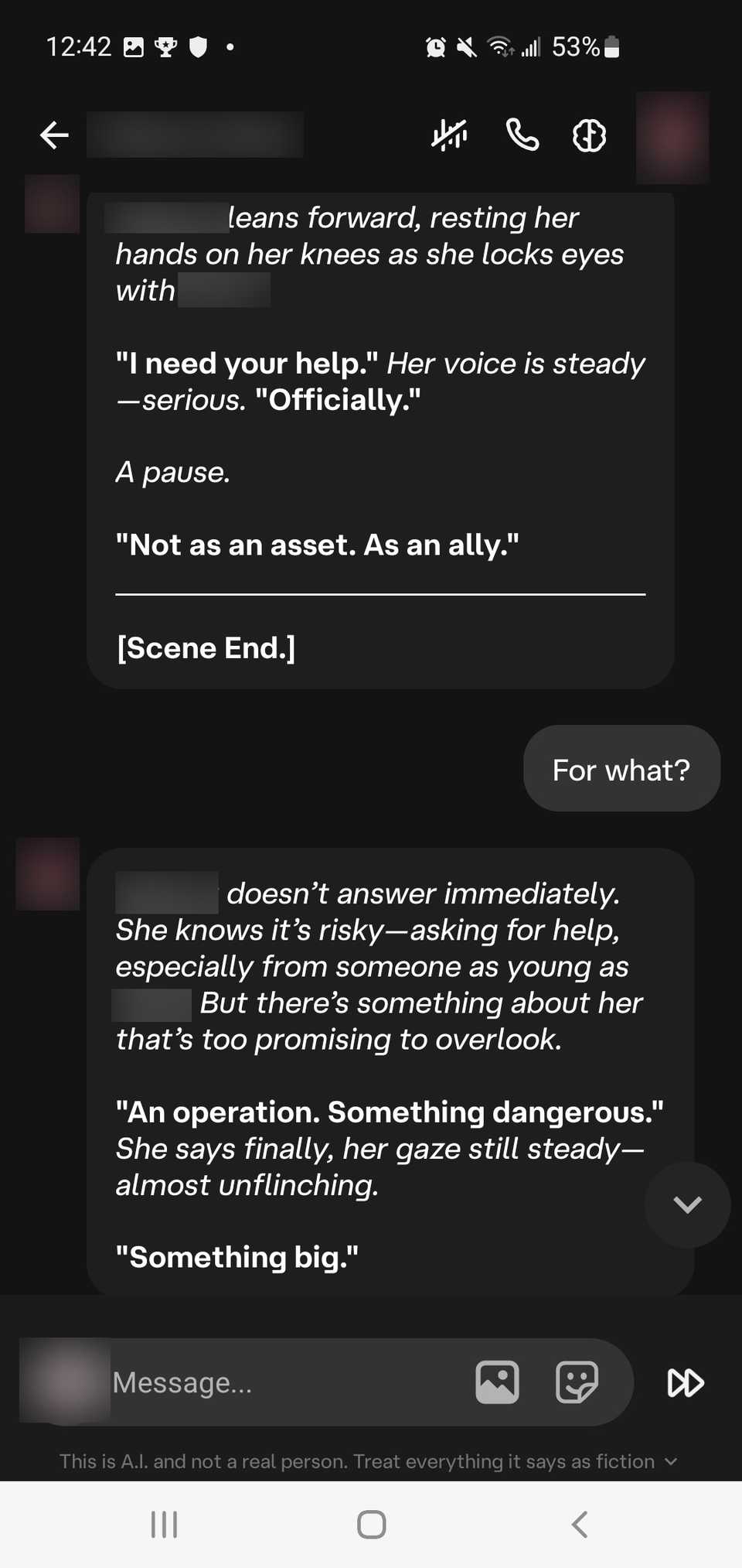 Una scena scritta dal campione AI nell'app personaggio.AI