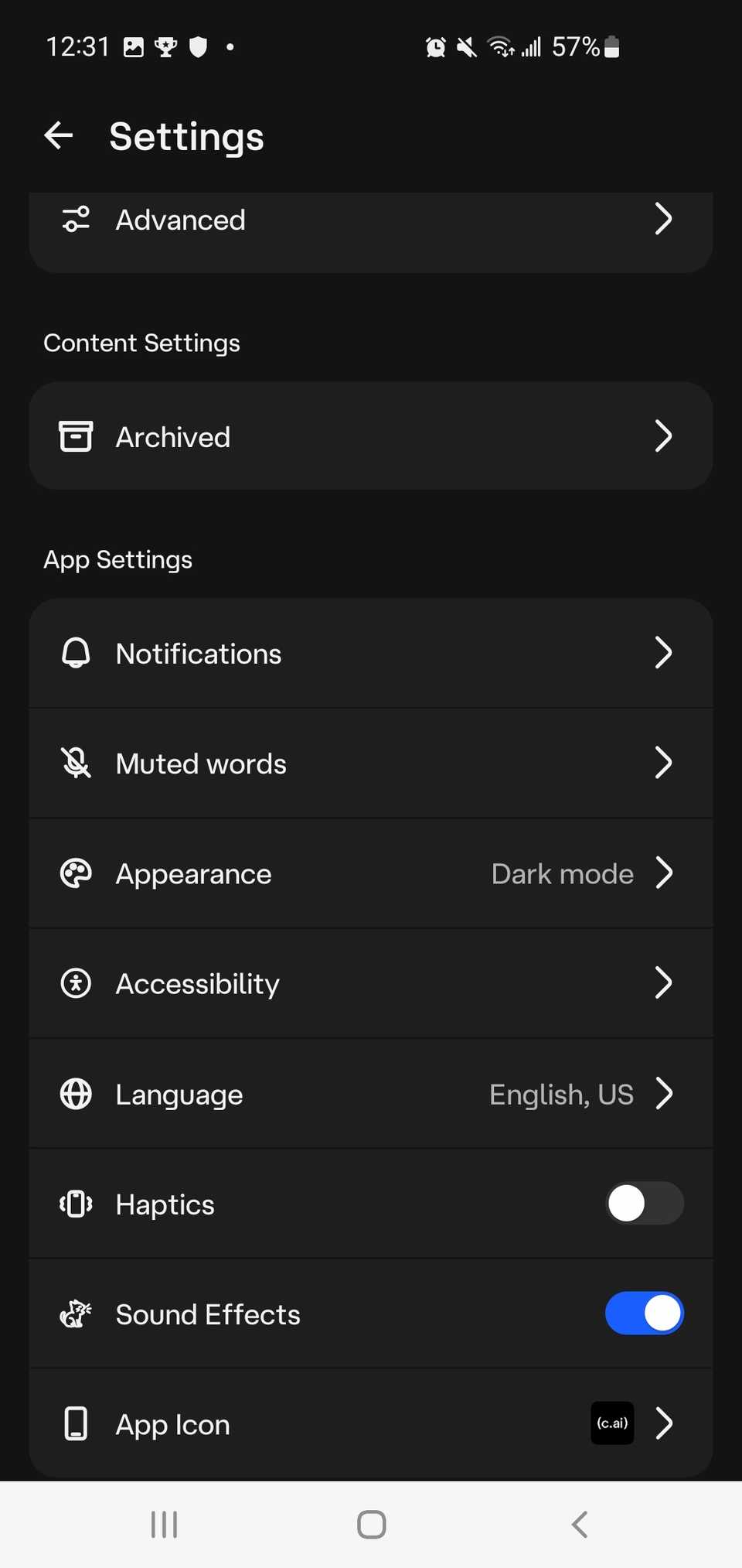 Un elenco di impostazioni nell'app personaggio.AI che mostra la funzionalità delle parole disattivate