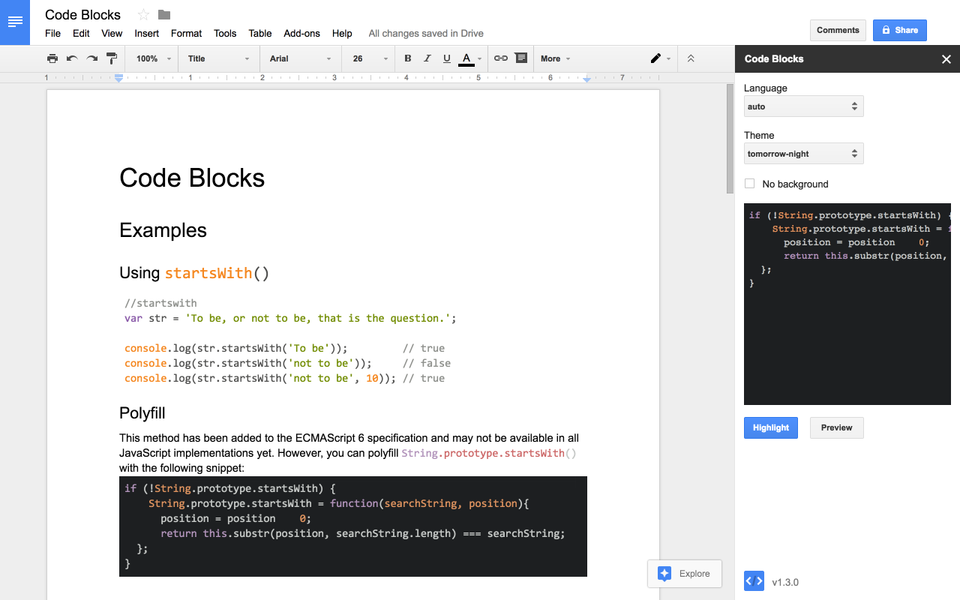 Un'interfaccia di Google Docs con una barra laterale Code Blocks che consente agli utenti di formattare ed evidenziare snippet di codice utilizzando lingue e temi diversi come domani sera.