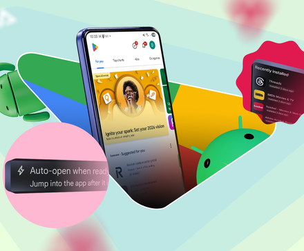 Collage featuring a smartphone running the Google Play Store, surrounded by Android mascots and pop-ups highlighting 'Auto-open when ready' and 'Recently installed' features.