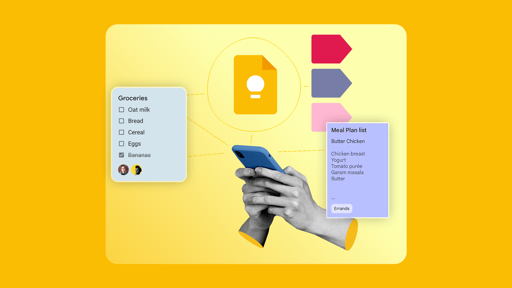 Colagem mostrando mãos segurando um smartphone, conectadas a listas de verificação flutuantes, notas e rótulos coloridos do Google Keep em um fundo amarelo