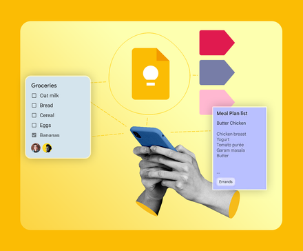 Η μοναδική καλύτερη λειτουργία του Google Keep που με μετέτρεψε σε ισχυρό χρήστη Κολάζ που δείχνει χέρια να κρατούν ένα smartphone, συνδεδεμένο με κινούμενες λίστες ελέγχου Google Keep, σημειώσεις και χρωματιστές ετικέτες σε κίτρινο φόντο.