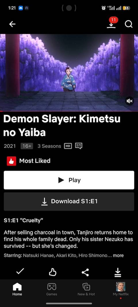 App Netflix su Android che mostra l'anteprima dell'anime Demon Slayer e le opzioni per riprodurre o scaricare gli episodi