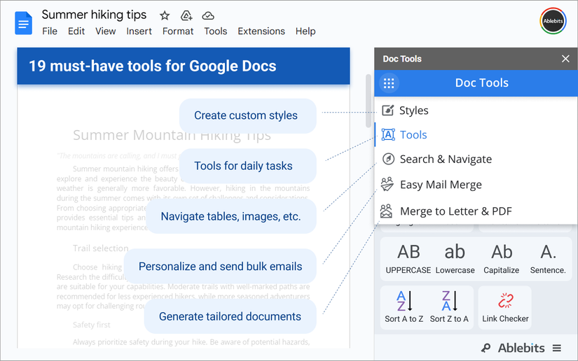 Interface do Google Docs com uma barra lateral para um complemento chamado Doc Tools da Ablebits.