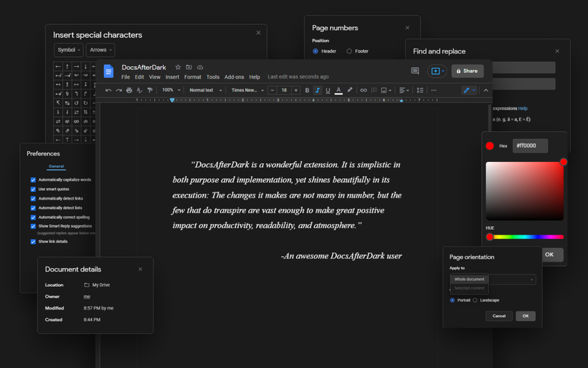 Uma montagem de elementos da interface e menus do Google Docs renderizados no modo escuro