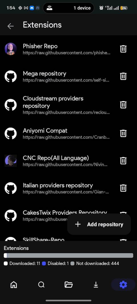 Menu che mostra l'elenco dei repository di anime aggiunti all'app CloudStream