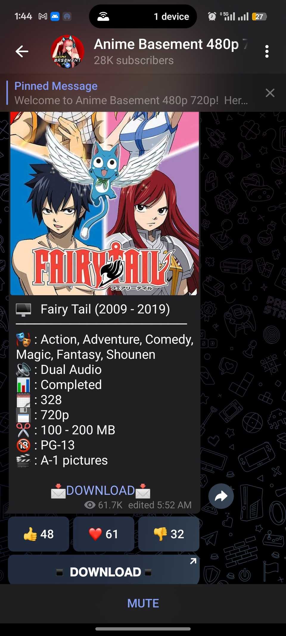 Scarica il pacchetto per l'anime Fairy Tail sul canale Telegram