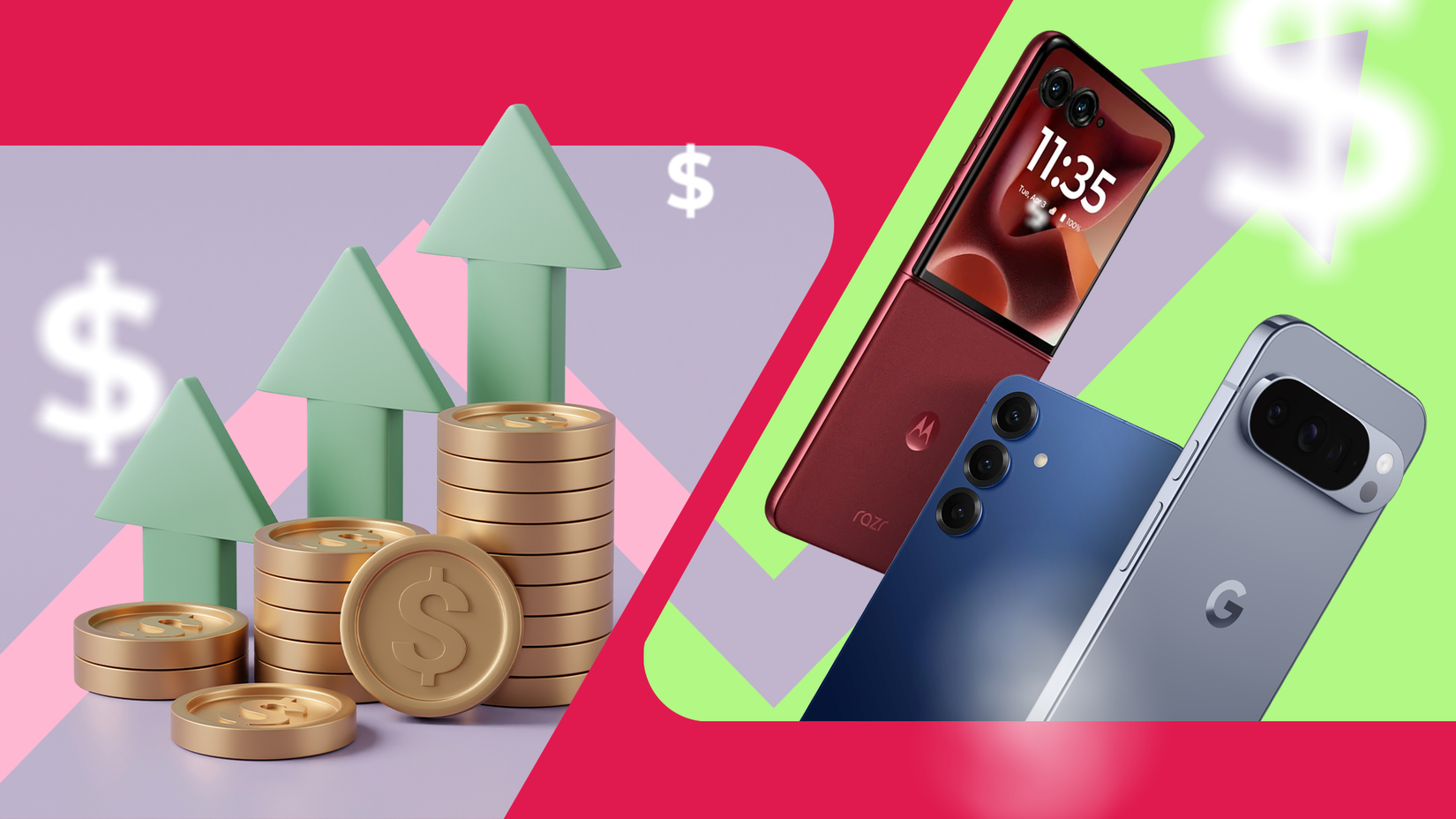 Uma imagem dividida mostrando três pilhas de moedas com setas para cima à esquerda e três smartphones Android modernos à direita