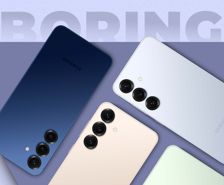 Four Samsung Galaxy S25 phones in different colors arranged diagonally on a minimalist background, with the word ‘BORING’ subtly displayed behind them