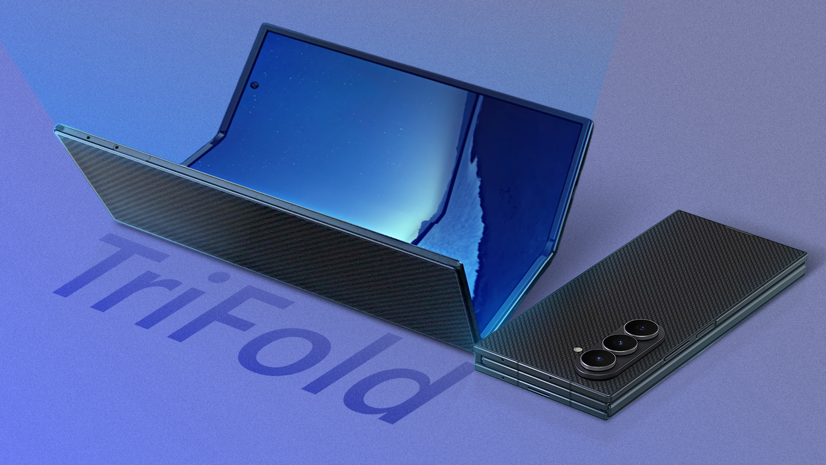Dispositivo Galaxy Z TriFold exibido parcialmente desdobrado, ao lado do telefone dobrado para trás, em um fundo roxo.
