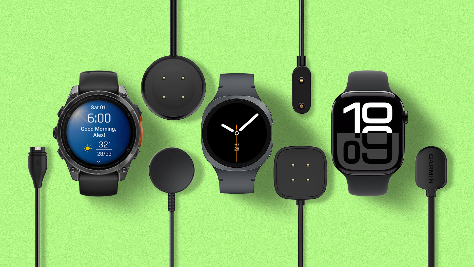 Garmin Fenix, Samsung Galaxy Watch, and Apple Watch surrounded by different charging cables against a green background.