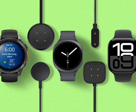 Η λειτουργία εξοικονόμησης μπαταρίας smartwatch που δεν αξίζει τον χρόνο σας Garmin Fenix, Samsung Galaxy Watch και Apple Watch που περιβάλλονται από διαφορετικά καλώδια φόρτισης σε πράσινο φόντο.