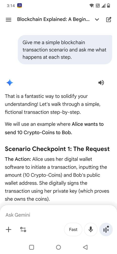 Screenshot che mostra un messaggio nell'app Gemini che chiede una spiegazione pratica della blockchain