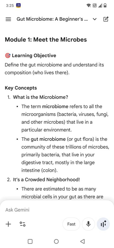 Screenshot showing the Gemini app explaining how the gut microbiome works