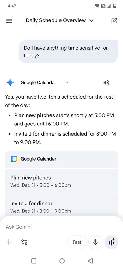 Screenshot che mostra la panoramica della pianificazione in Gemini