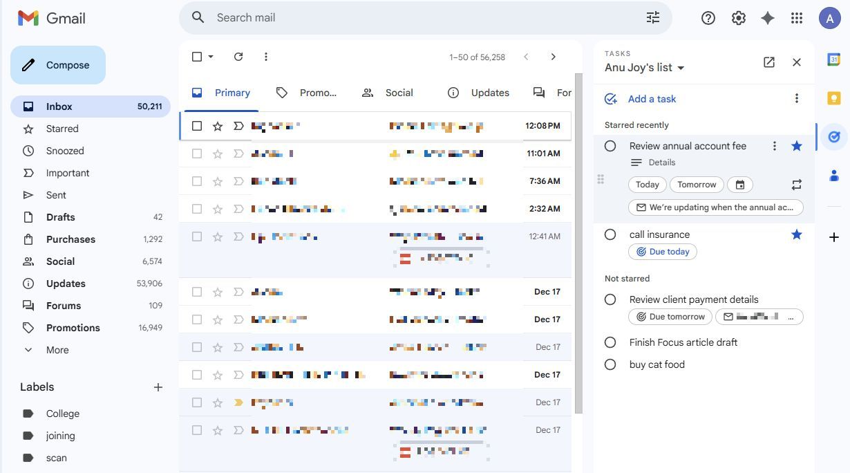 Screenshot showing Tasks integration with Gmail