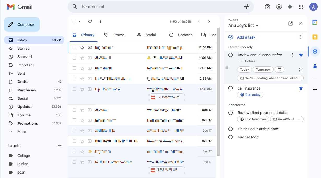 Screenshot showing Tasks integration with Gmail