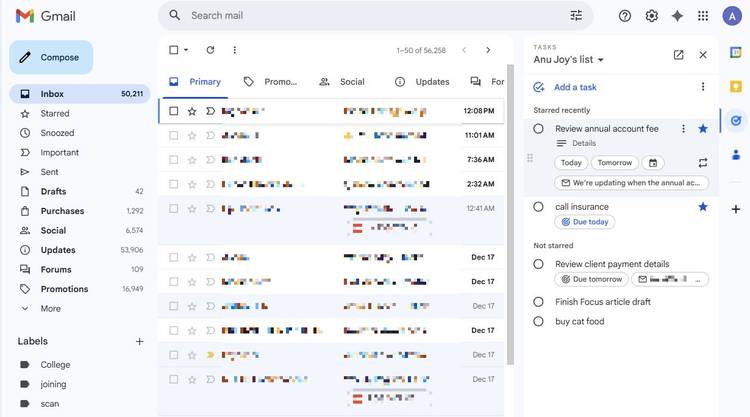 Screenshot showing Tasks integration with Gmail