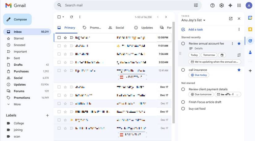 Captura de tela mostrando a integração do Tasks com o Gmail