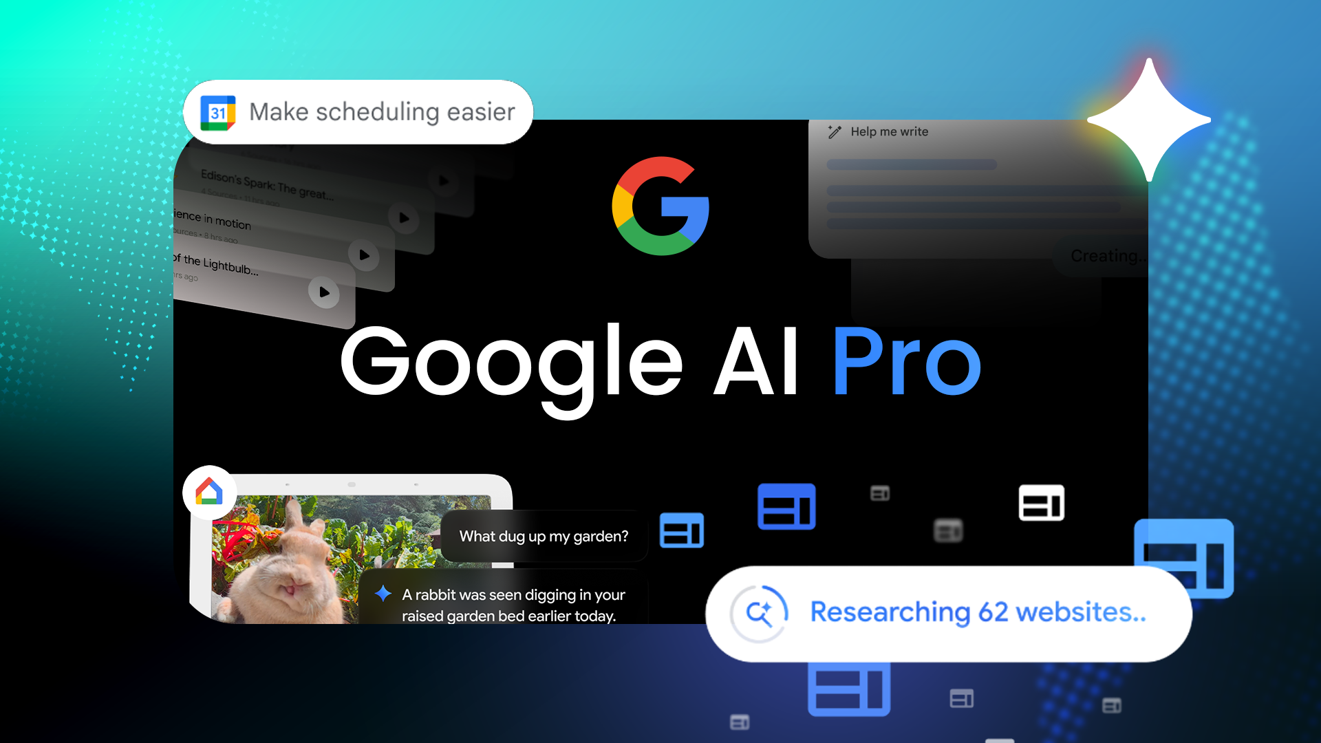 Logo Google AI Pro circondato da anteprime di funzionalità mobili, su uno sfondo sfumato blu-verde acqua.