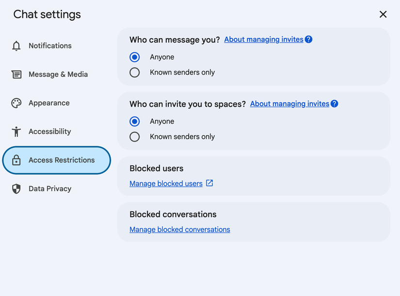An image highlighting Google Chat's new message restrictions.