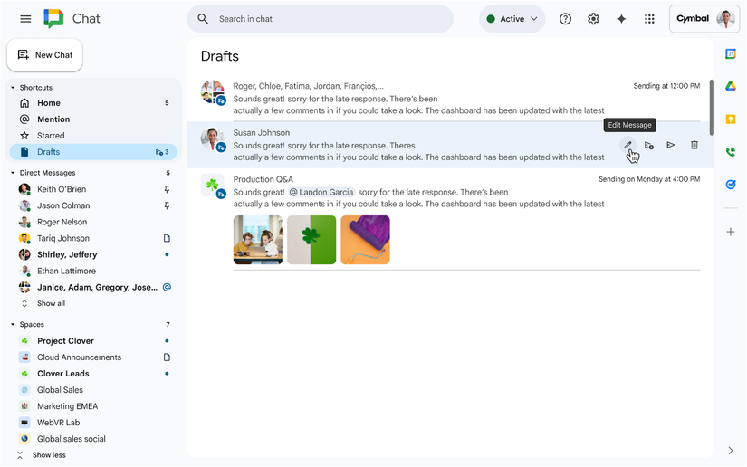 Uma captura de tela destacando o novo atalho de Rascunhos para editar, reagendar, enviar e excluir suas mensagens agendadas