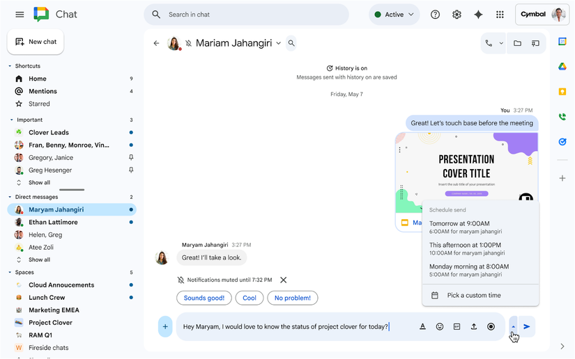 Uma captura de tela destacando o novo recurso de agendamento de mensagens do Google Chat.