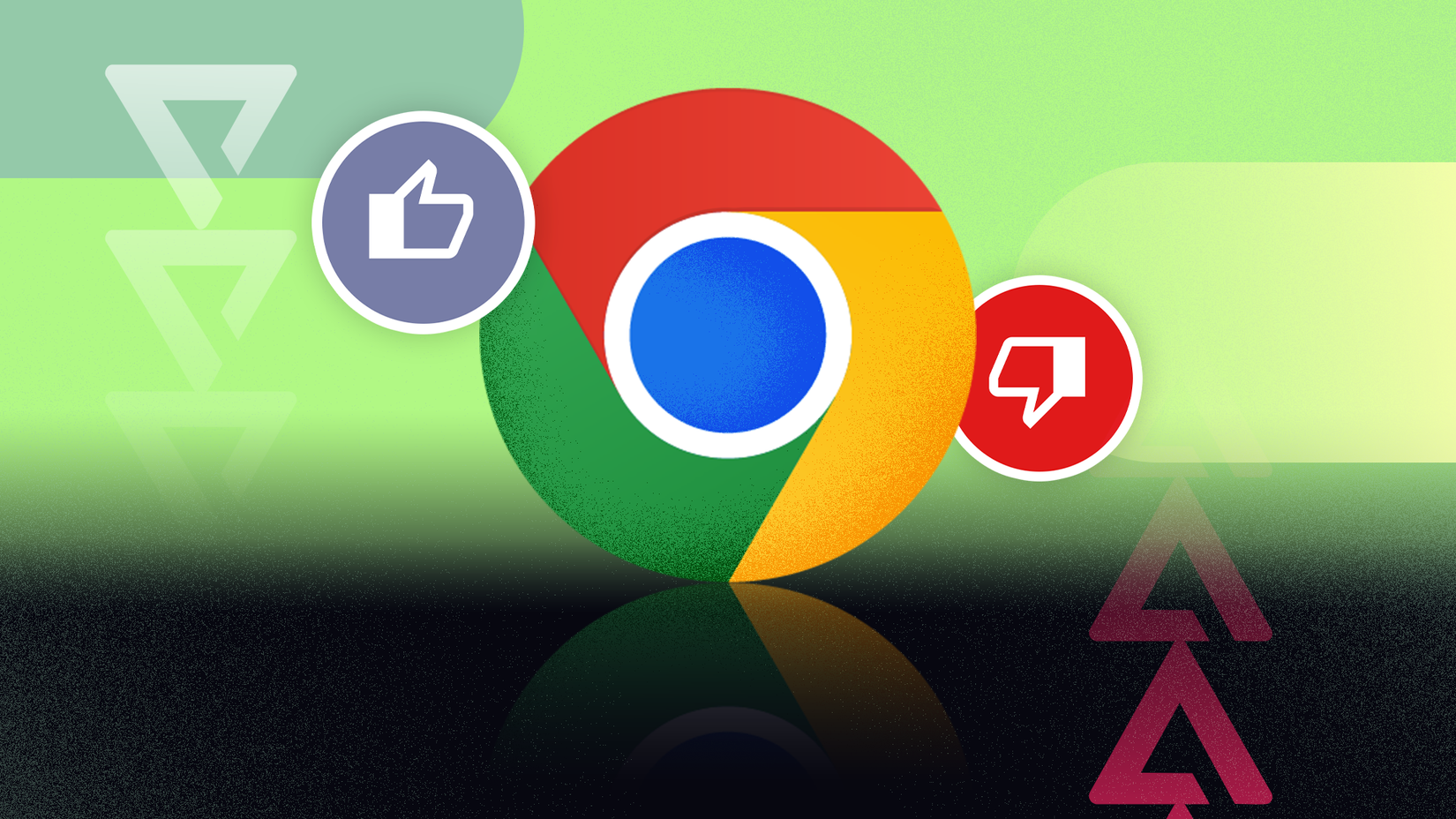 Logotipo do Google Chrome flanqueado por ícones de polegar para cima e de polegar para baixo em um fundo verde