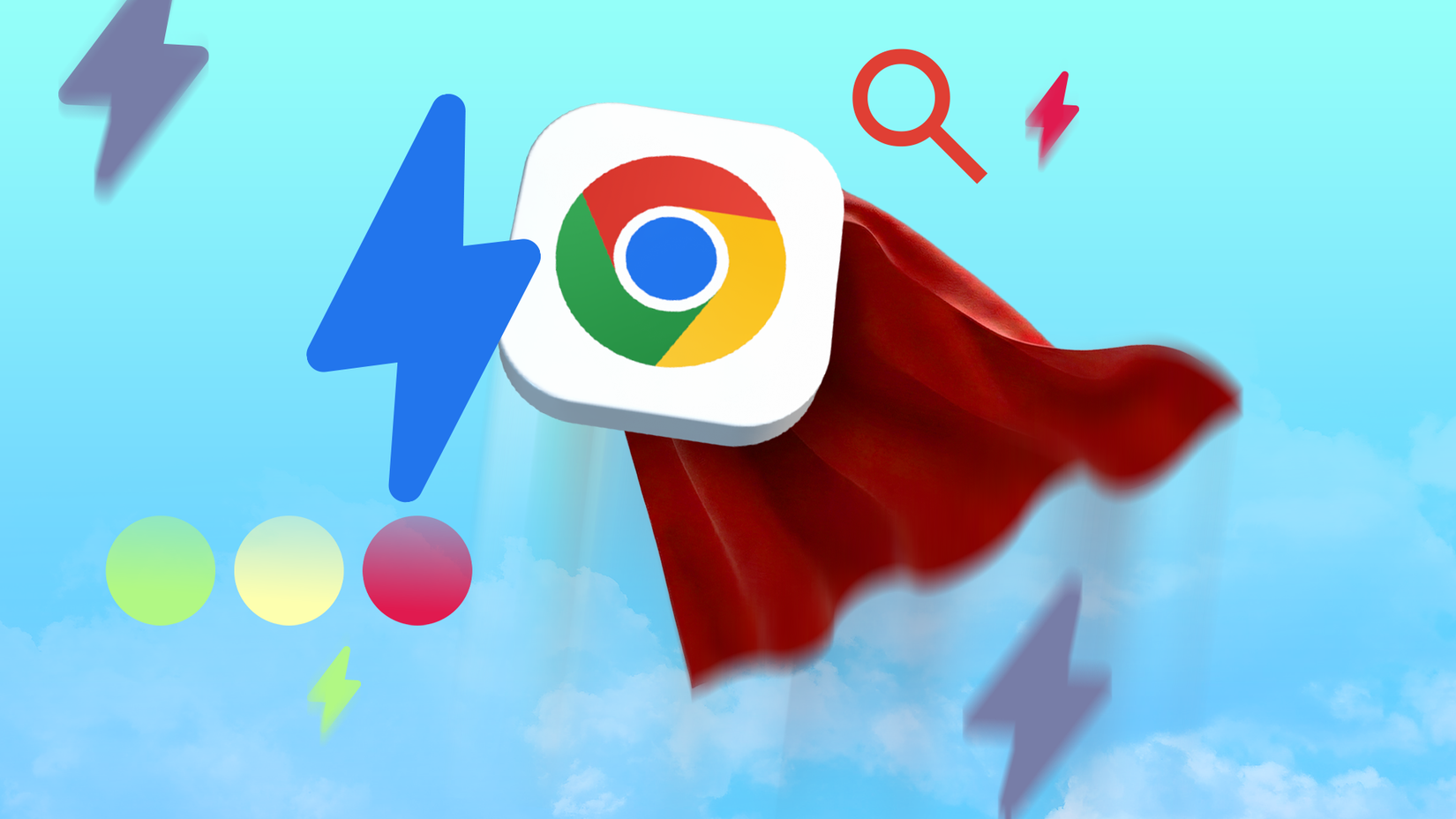Google Chrome logo wearing a red superhero cape, flying against a blue sky with lightning bolts.