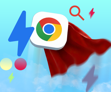 Logotipo do Google Chrome vestindo uma capa vermelha de super-herói, voando contra um céu azul com raios.
