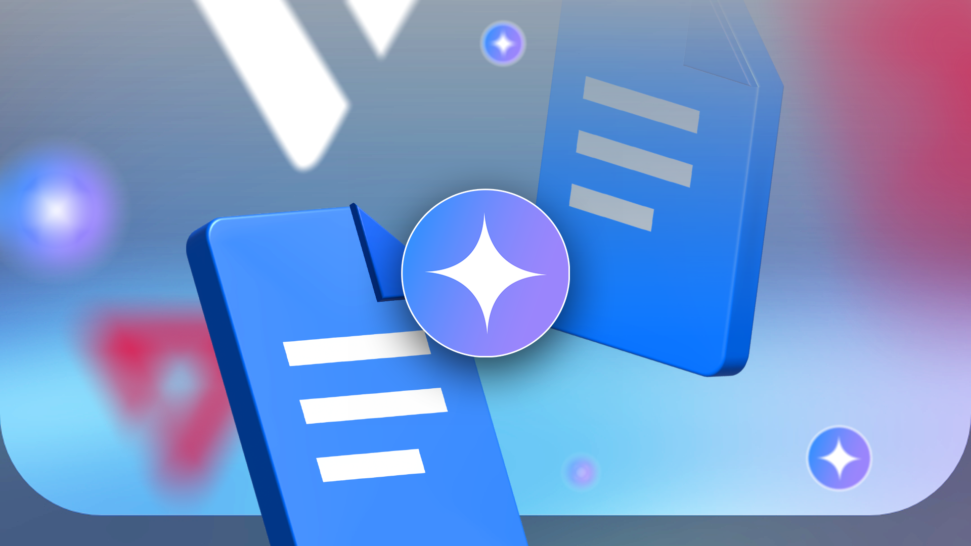 Google Docs icons floating around Gemini logo.