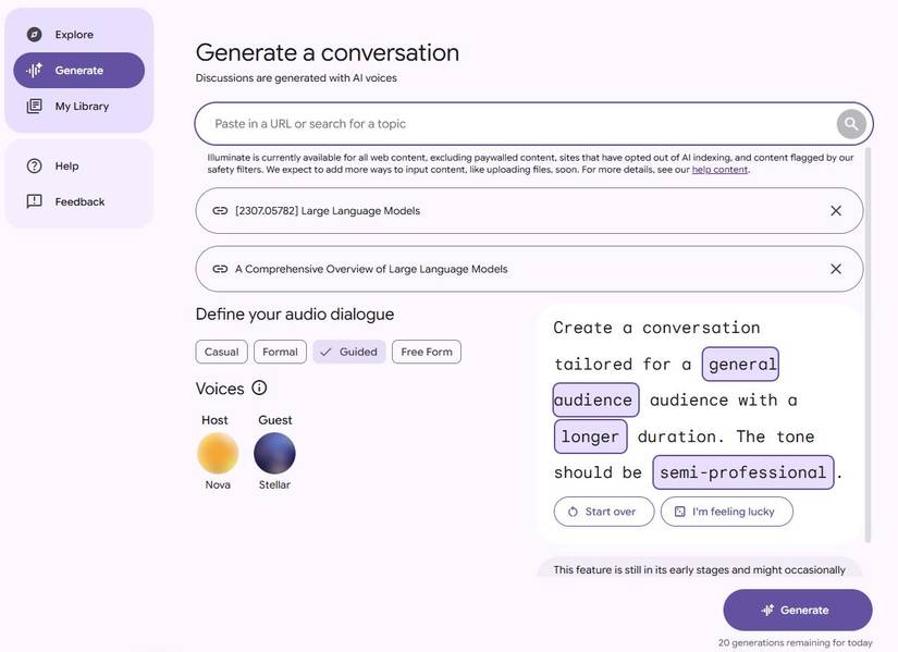 Screenshot showing how to generate a conversation in Google Illuminate