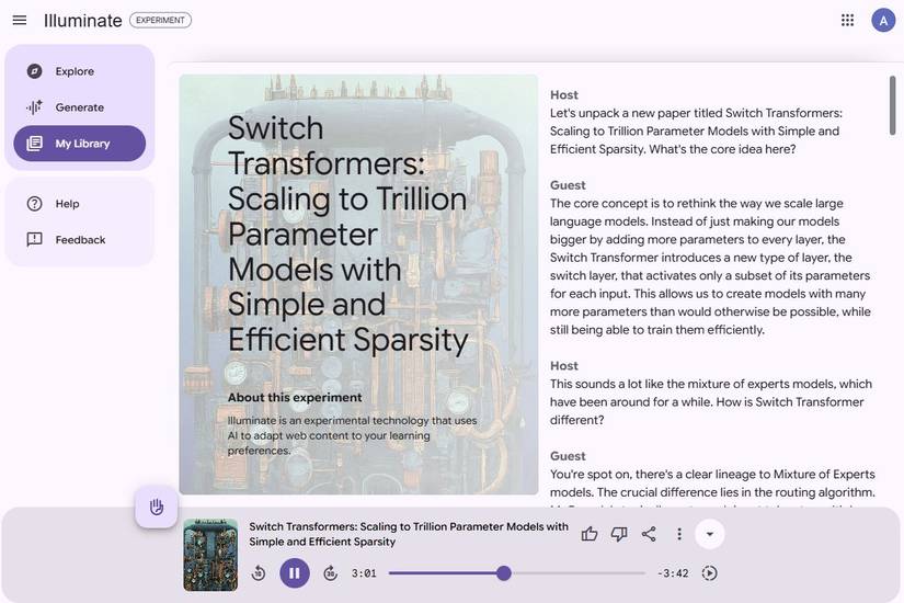 Screenshot showing an audio overview in Google Illuminate
