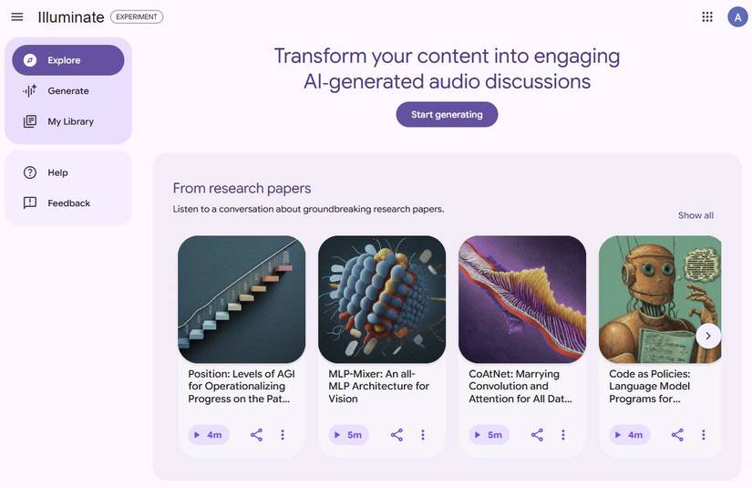Screenshot showing the Google Illuminate home screen