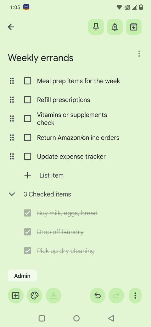 Screenshot showing the checklist system in Google Keep