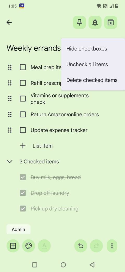 Screenshot che mostra come deselezionare tutti gli elementi in Google Keep
