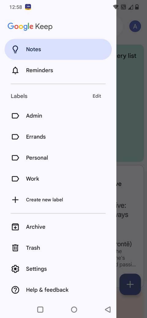 Screenshot showing the labeling system in Google Keep