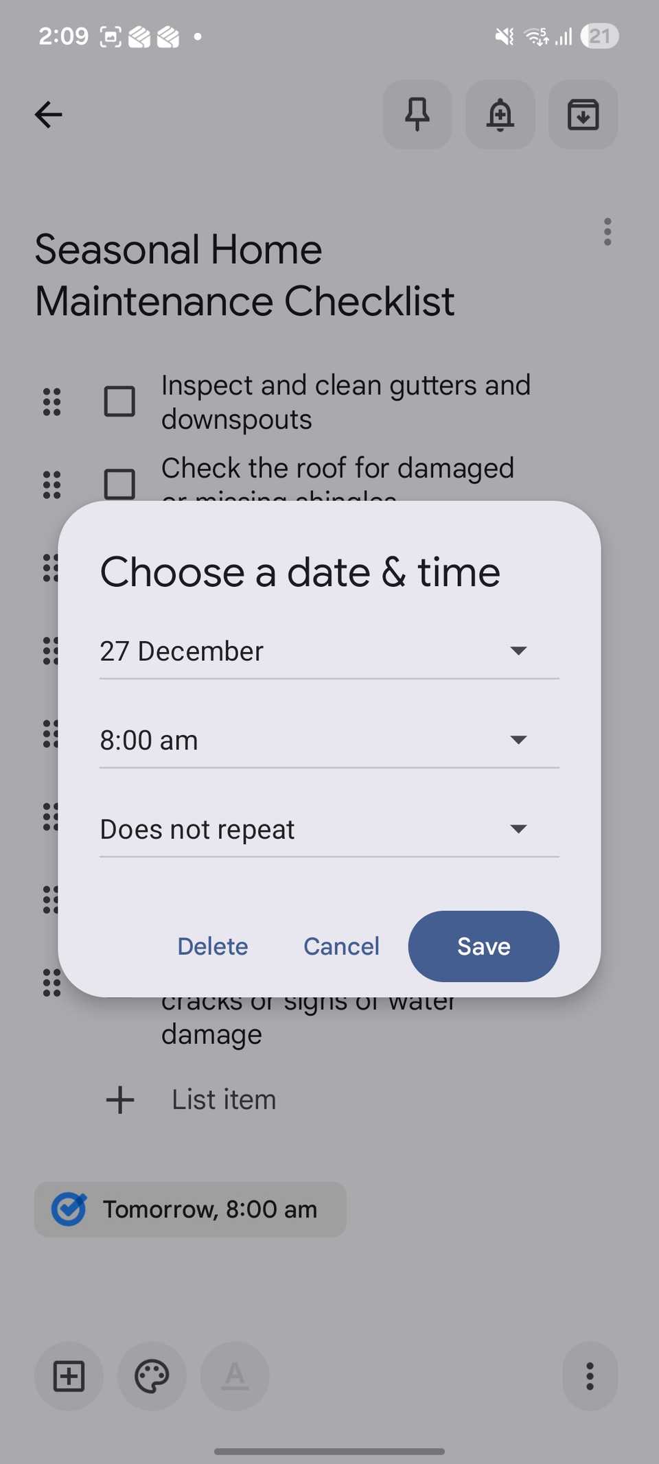 Google Keep imposta un promemoria