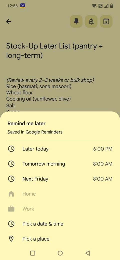 Screenshot showing the reminder system in Google Keep